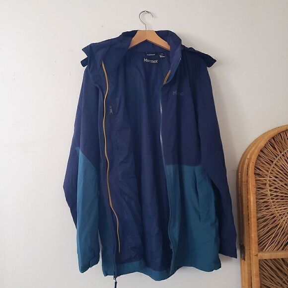 Marmot Hooded Jacket Blue Colorblock Adjustable L - Picture 1 of 14